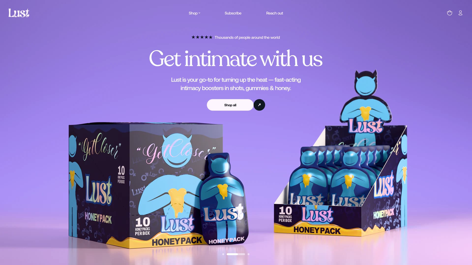 DrinkLust — honey pack hero and 3D packaging