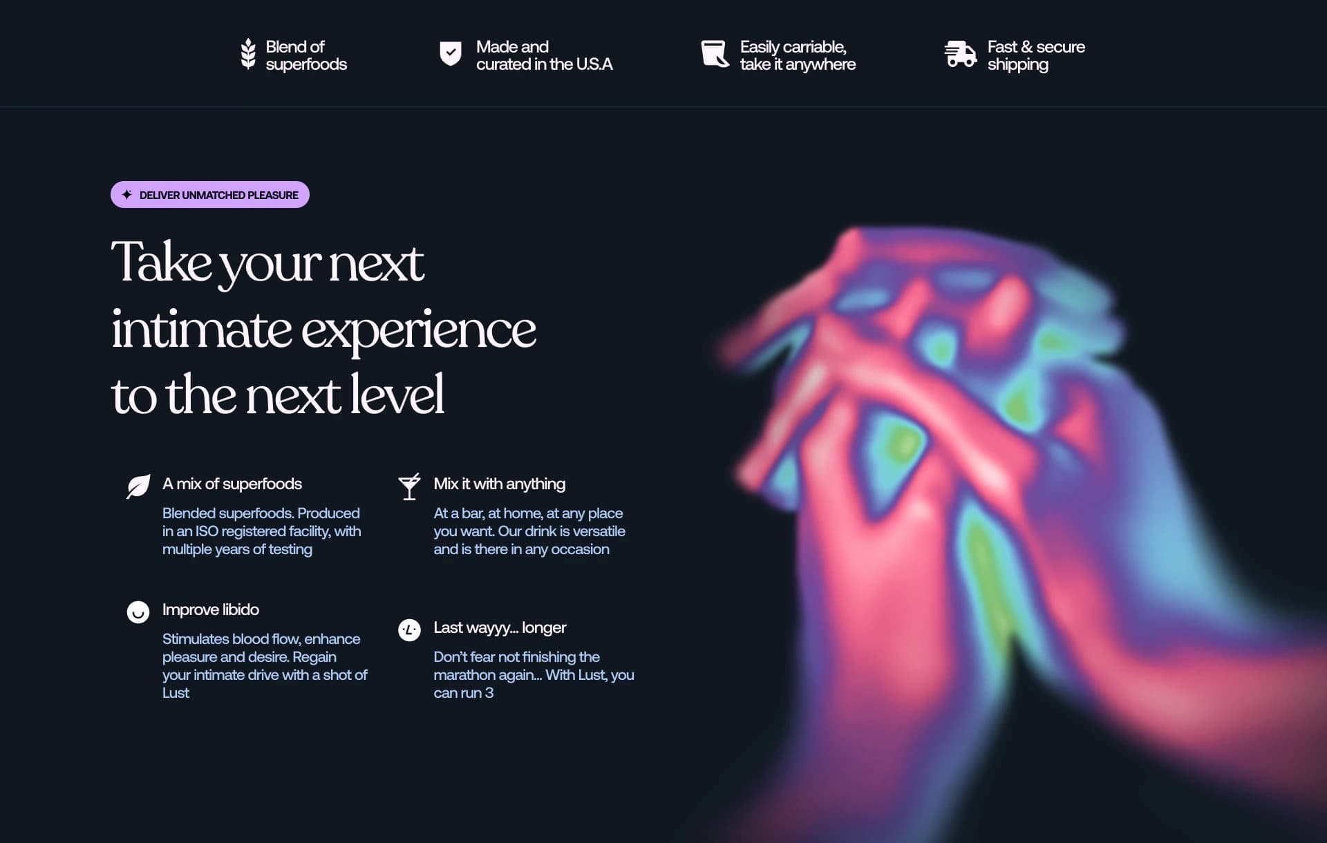 DrinkLust — dark theme homepage and benefit messaging